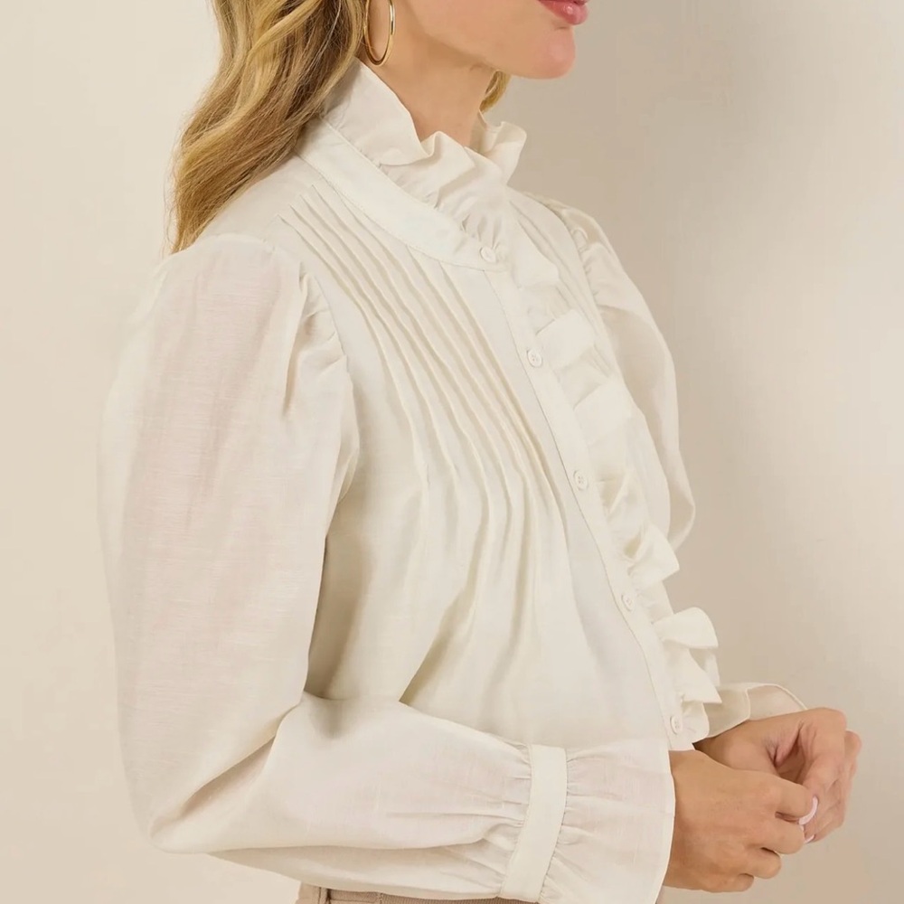 Chic Cream Ruffle Button-Down Blouse - Picture 3 of 5